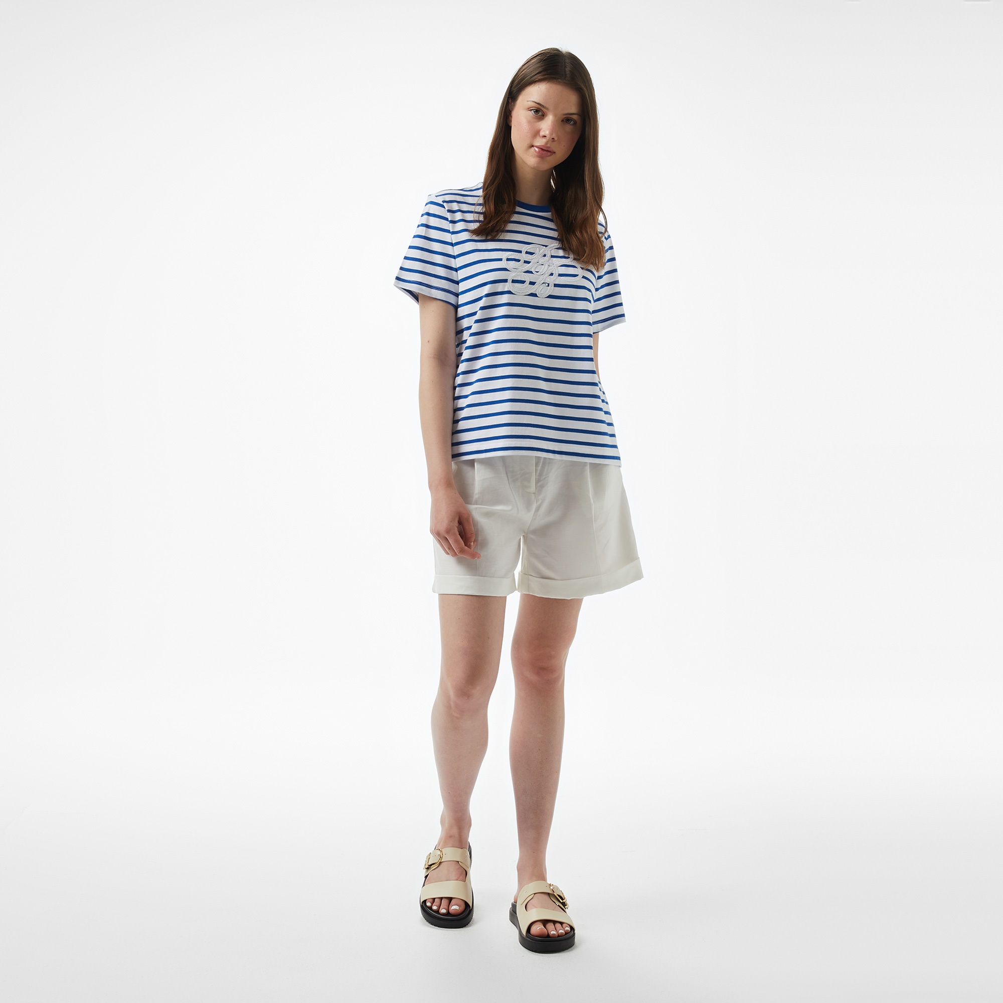 Brooks Brothers Bisiklet Yaka Bb Pul Nakışlı Çizgili Kadın Beyaz T-Shirt