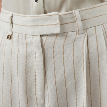  Brooks Brothers Metal Logolu  Çift Pileli Çizgili Keten Kadın Krem Pantolon