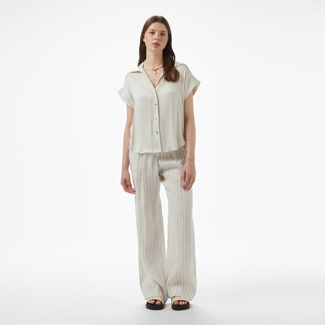  Brooks Brothers Metal Logolu  Çift Pileli Çizgili Keten Kadın Krem Pantolon