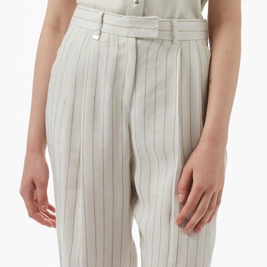  Brooks Brothers Metal Logolu  Çift Pileli Çizgili Keten Kadın Krem Pantolon