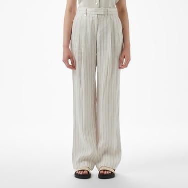  Brooks Brothers Metal Logolu  Çift Pileli Çizgili Keten Kadın Krem Pantolon