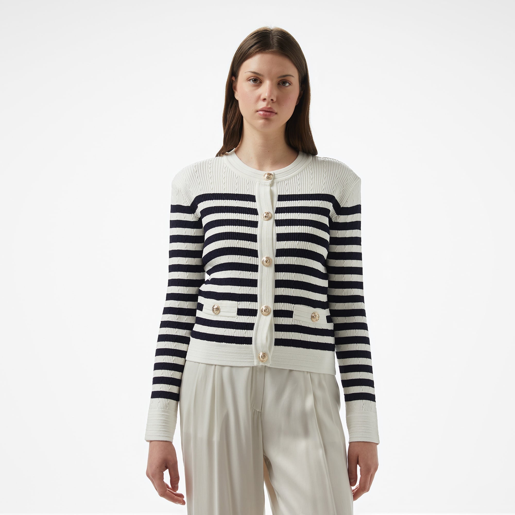 Brooks Brothers Bisiklet Yaka Çizgili Metal Düğmeli Rayon Triko Kadın Beyaz Hırka