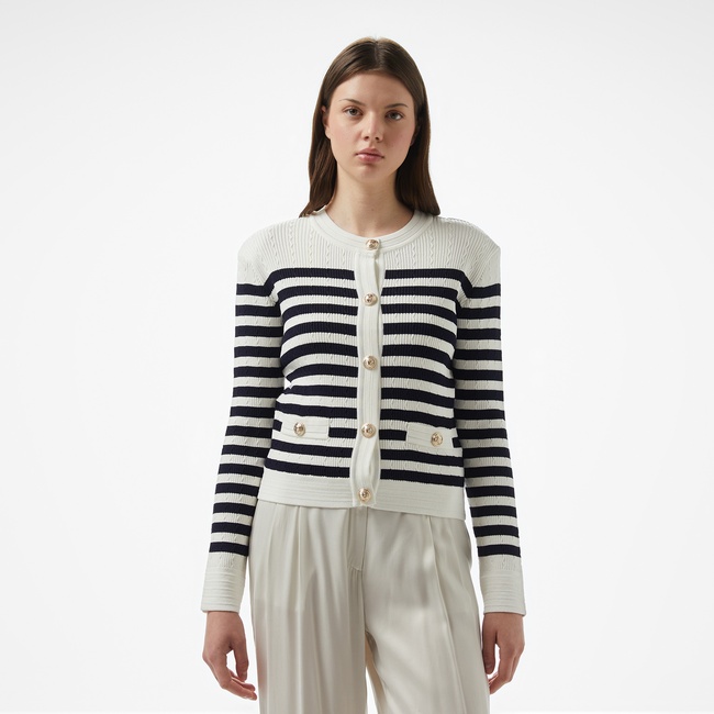  Brooks Brothers Bisiklet Yaka Çizgili Metal Düğmeli Rayon Triko Kadın Beyaz Hırka