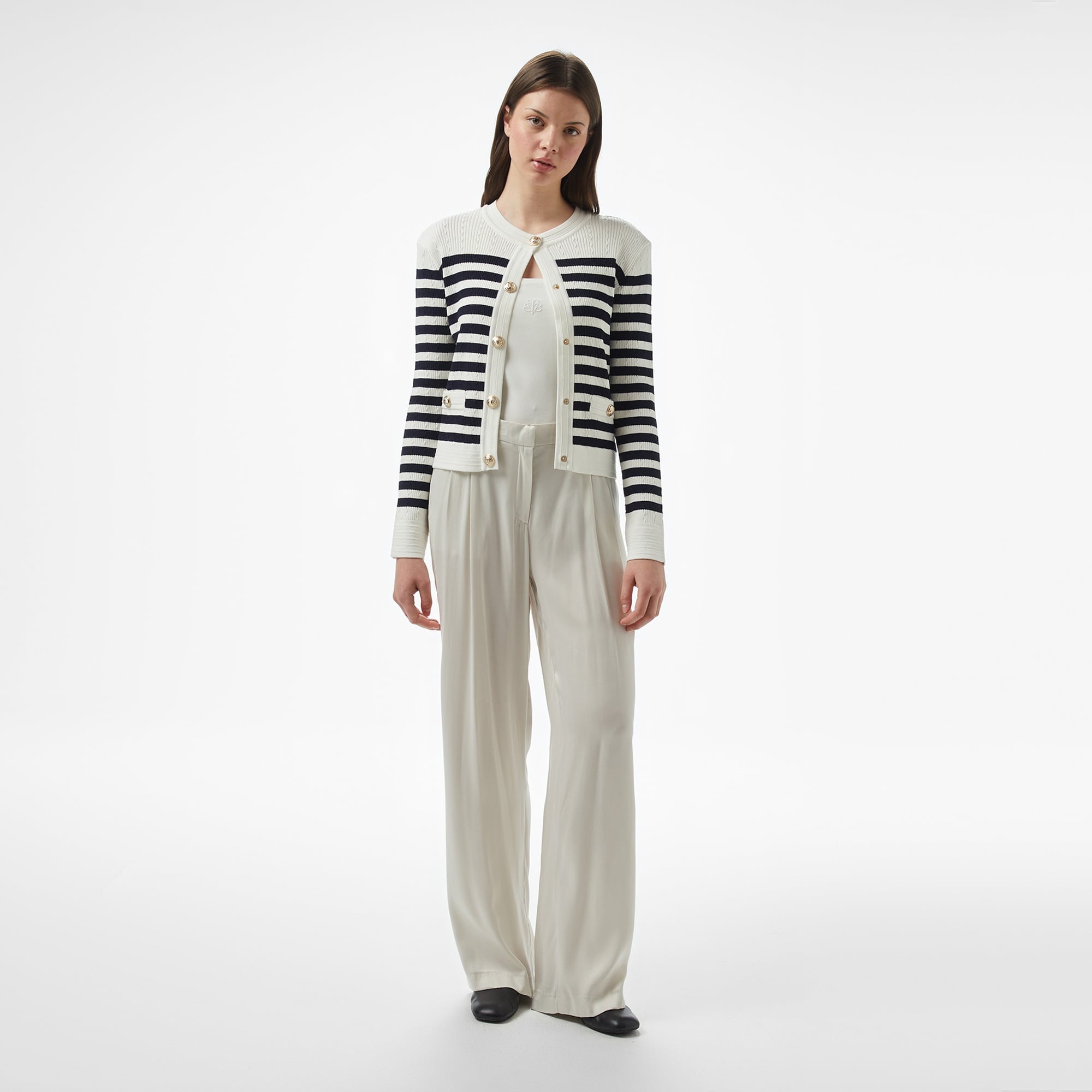 Brooks Brothers Bisiklet Yaka Çizgili Metal Düğmeli Rayon Triko Kadın Beyaz Hırka