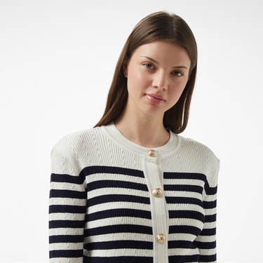  Brooks Brothers Bisiklet Yaka Çizgili Metal Düğmeli Rayon Triko Kadın Beyaz Hırka