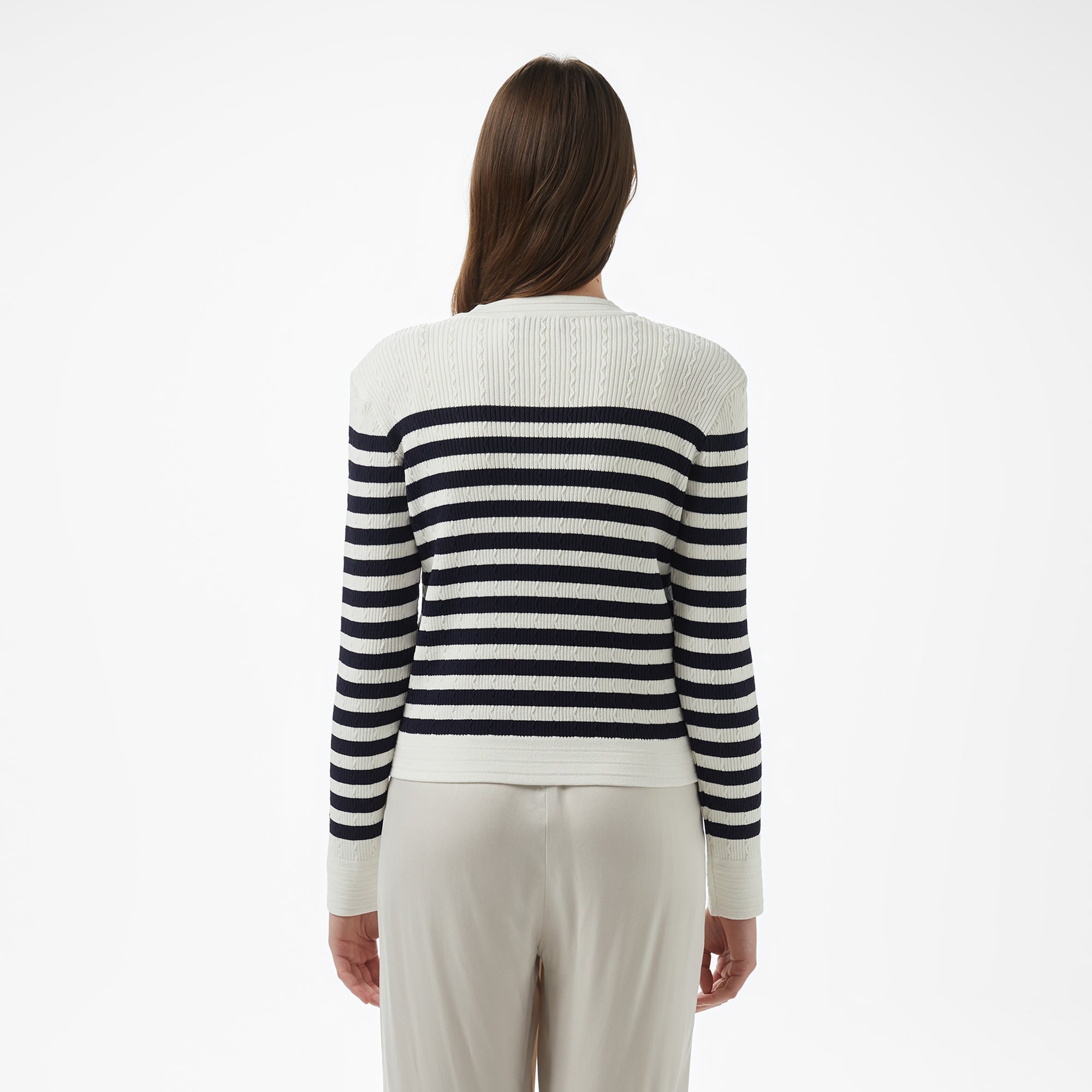 Brooks Brothers Bisiklet Yaka Çizgili Metal Düğmeli Rayon Triko Kadın Beyaz Hırka