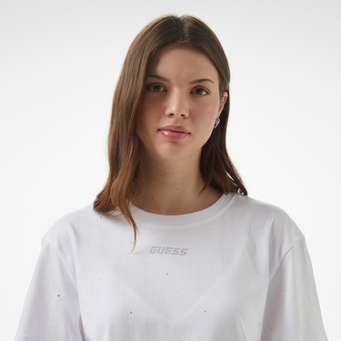  Guess Primula Rhinestones  Kadın Beyaz T-Shirt