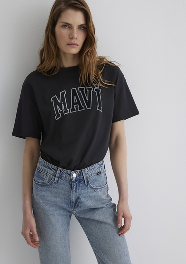  Mavi Mavi Logo Baskılı Siyah Tişört Regular Fit / Normal Kesim 1611193-900