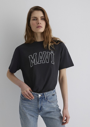  Mavi Mavi Logo Baskılı Siyah Tişört Regular Fit / Normal Kesim 1611193-900