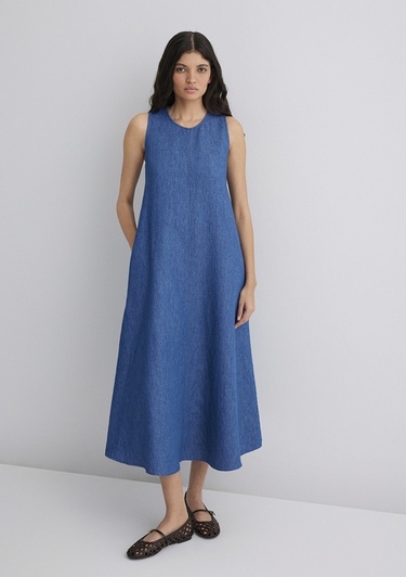  Mavi Keten Karışımlı Indigo Elbise 1310668-82052