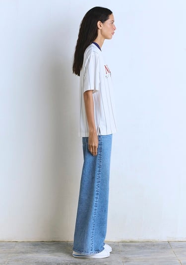  Mavi New York Baskılı Beyaz Forma Tişört Oversize / Geniş Kesim 1613496-620