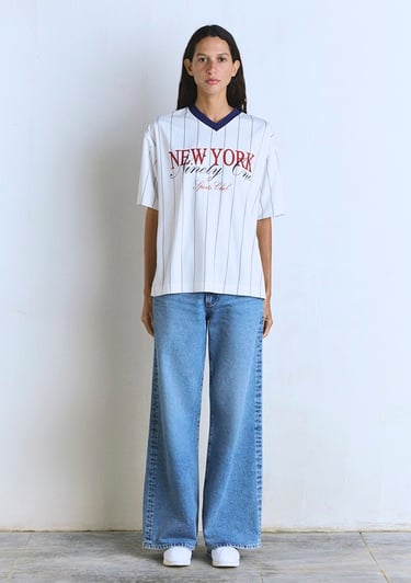  Mavi New York Baskılı Beyaz Forma Tişört Oversize / Geniş Kesim 1613496-620