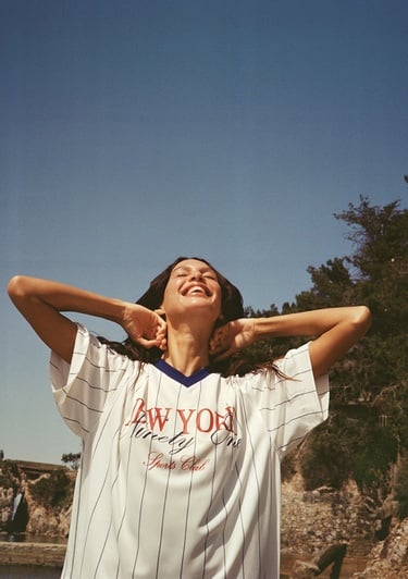  Mavi New York Baskılı Beyaz Forma Tişört Oversize / Geniş Kesim 1613496-620