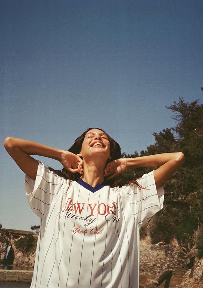  Mavi New York Baskılı Beyaz Forma Tişört Oversize / Geniş Kesim 1613496-620