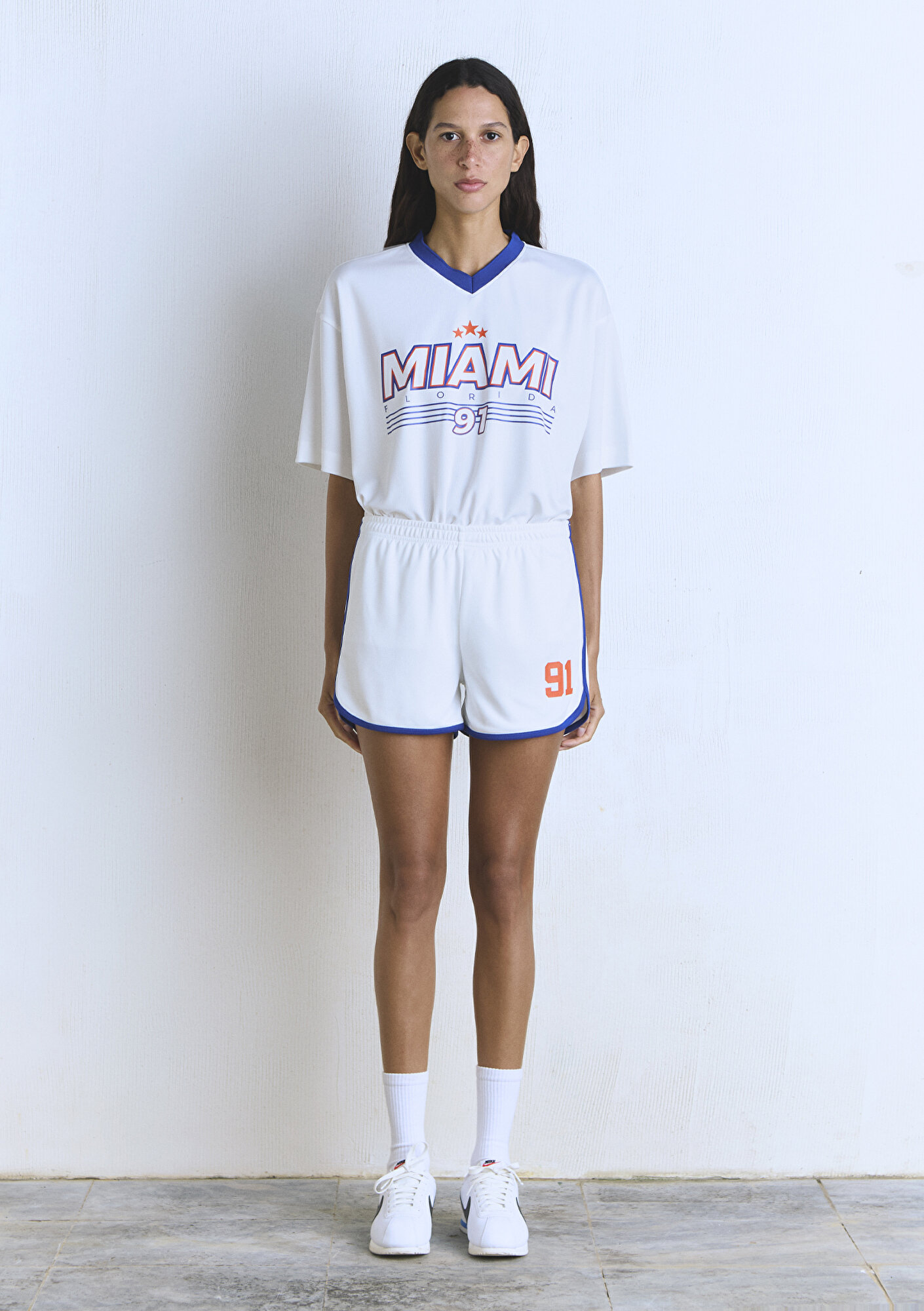  Mavi 91 Baskılı Biye Detaylı Ekru Şort 1410186-70057