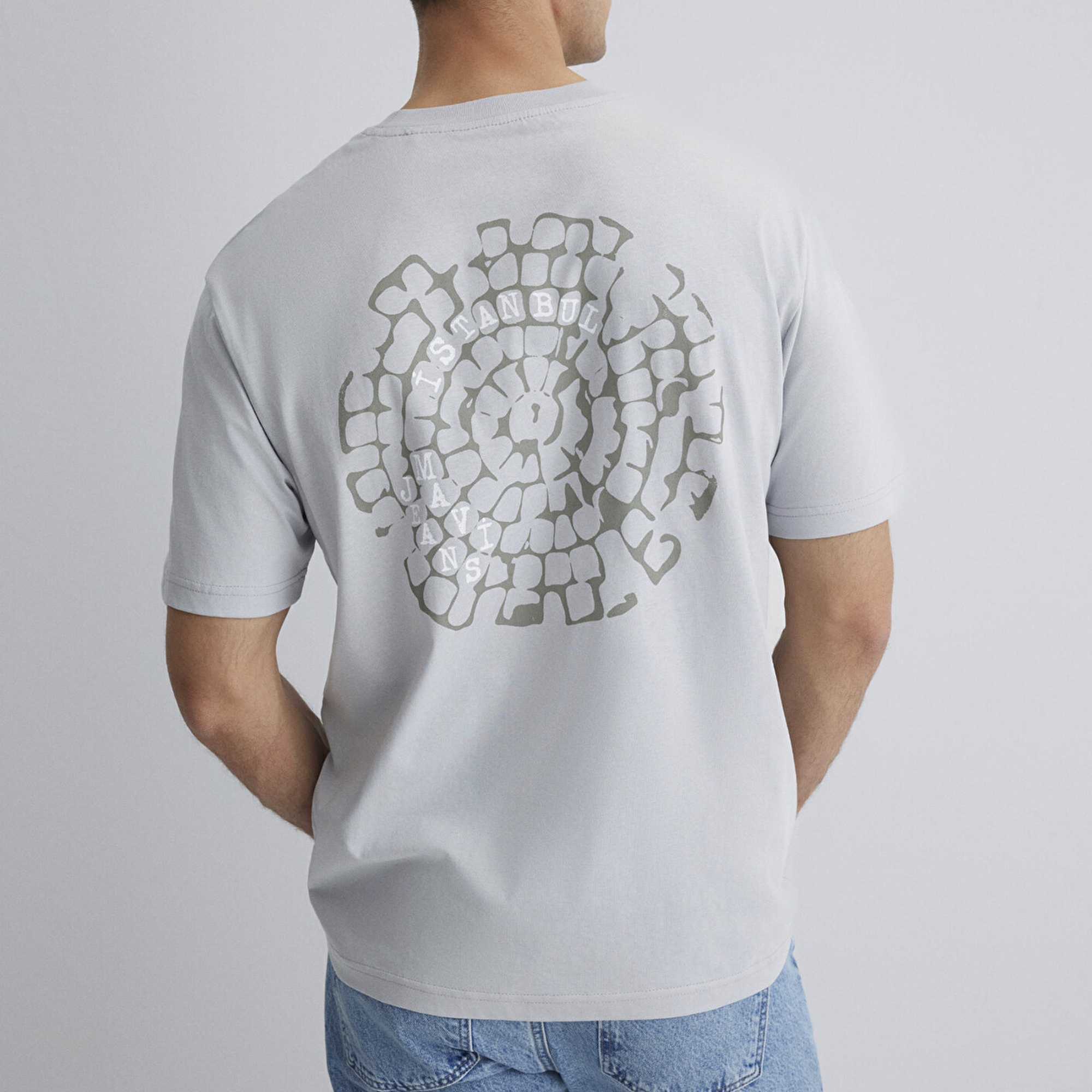 Mavi İstanbul Baskılı Gri Tişört Loose Fit / Bol Rahat Kesim 0612996-70075