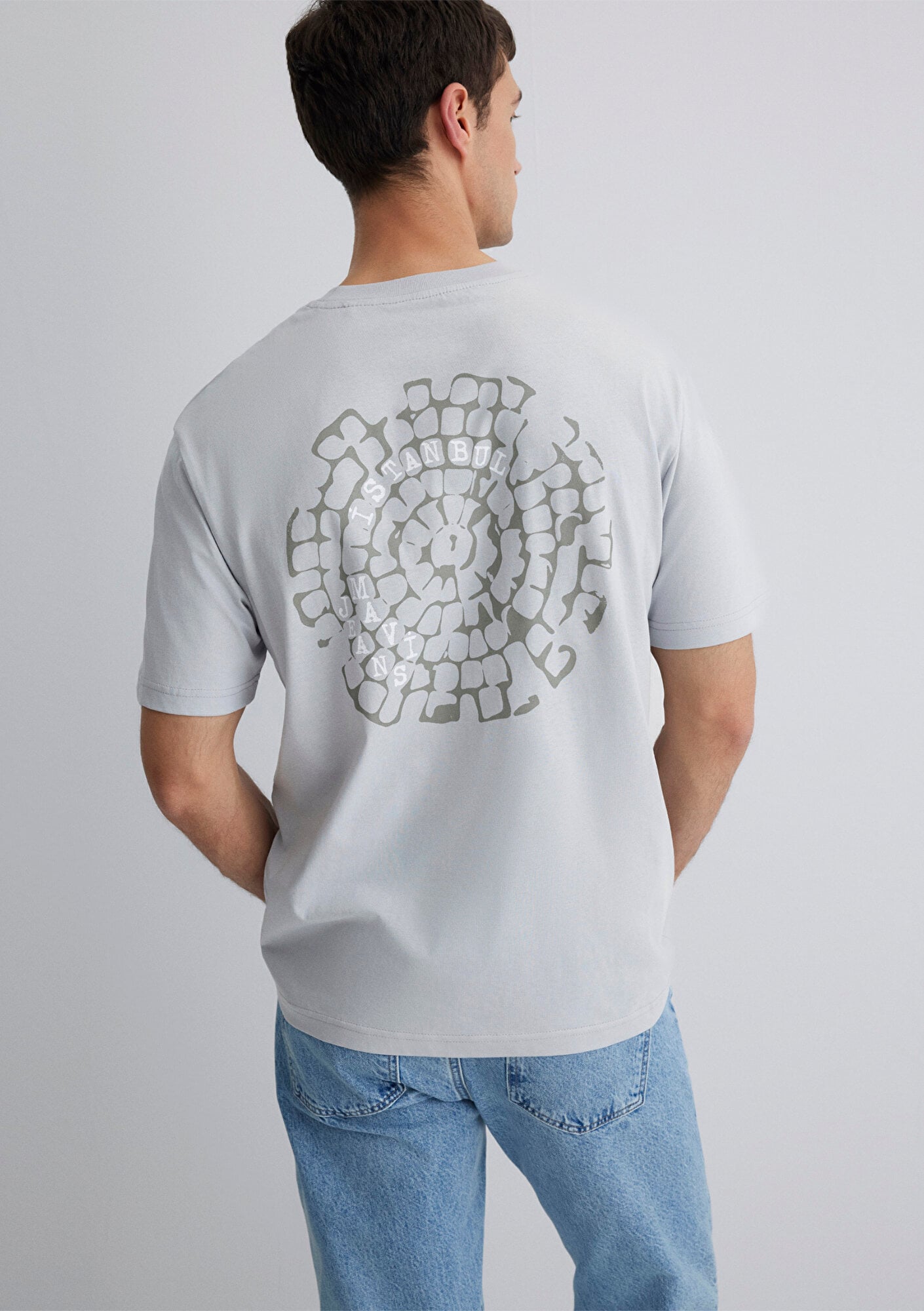  Mavi İstanbul Baskılı Gri Tişört Loose Fit / Bol Rahat Kesim 0612996-70075