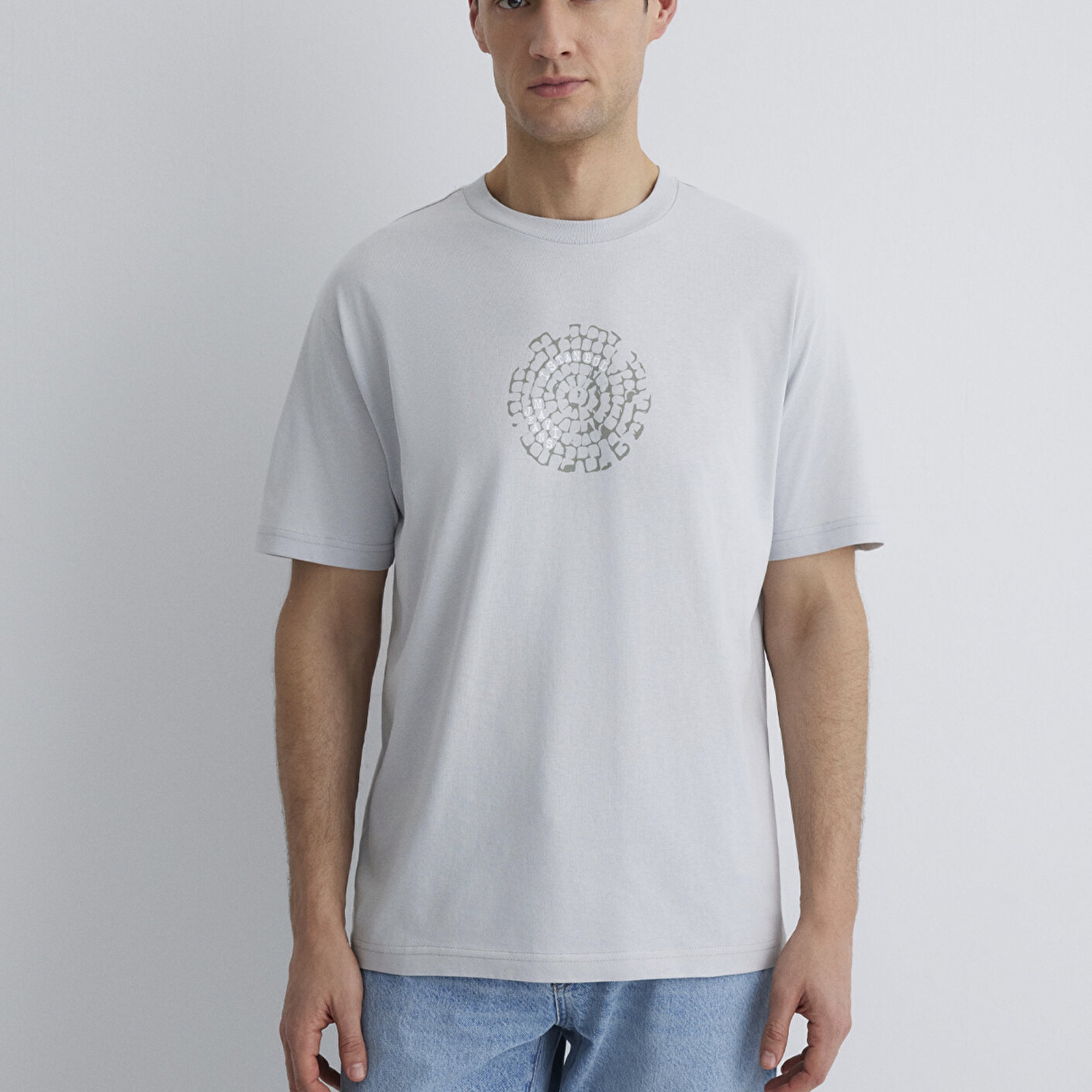 Mavi İstanbul Baskılı Gri Tişört Loose Fit / Bol Rahat Kesim 0612996-70075