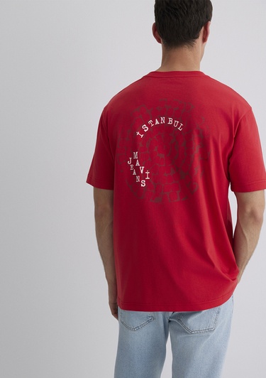 Mavi İstanbul Baskılı Kırmızı Tişört Loose Fit / Bol Rahat Kesim 0612996-70471