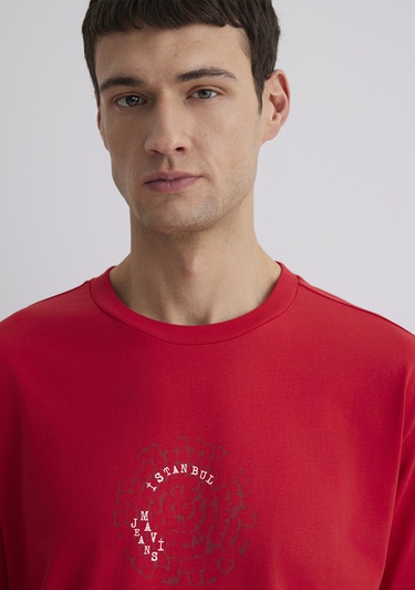  Mavi İstanbul Baskılı Kırmızı Tişört Loose Fit / Bol Rahat Kesim 0612996-70471