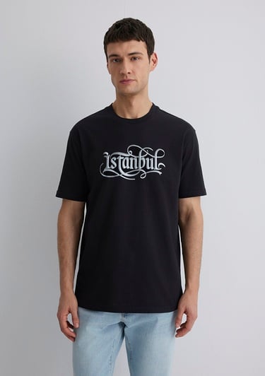  Mavi İstanbul Baskılı Siyah Tişört Loose Fit / Bol Rahat Kesim 0612991-900