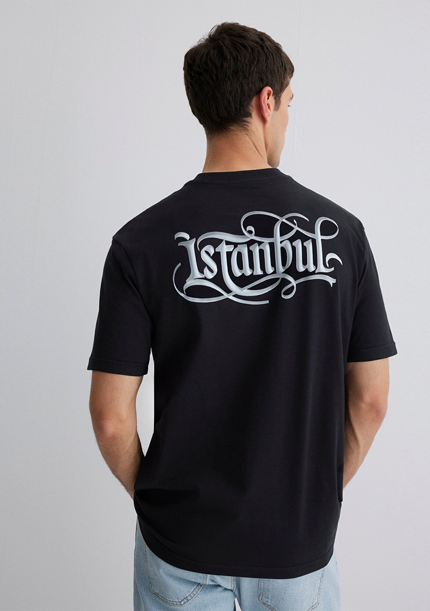  Mavi İstanbul Baskılı Siyah Tişört Loose Fit / Bol Rahat Kesim 0612991-900