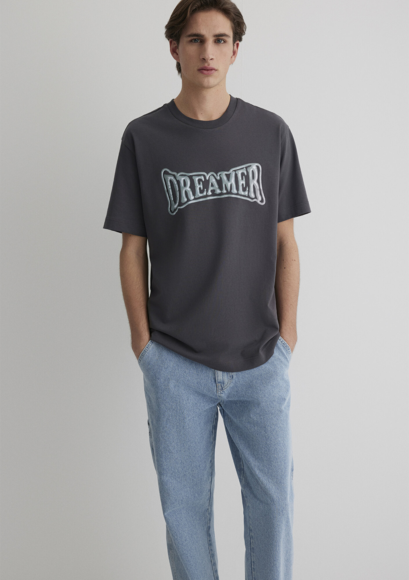  Mavi Dreamer Baskılı Gri Tişört Loose Fit / Bol Rahat Kesim 0612807-80955