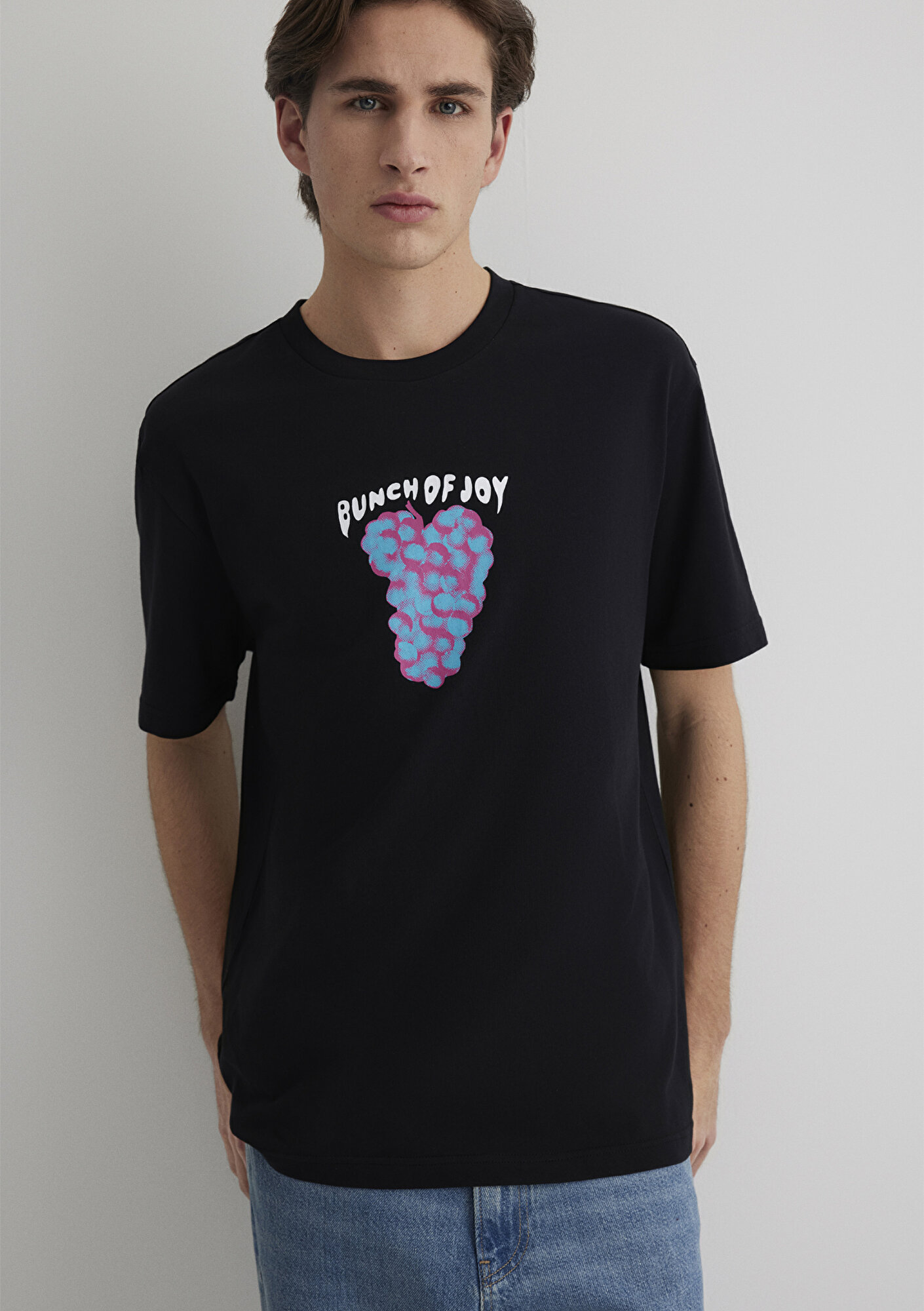  Mavi Punch Of Joy Baskılı Siyah Tişört Loose Fit / Bol Rahat Kesim 0612813-900