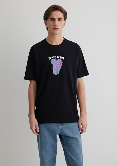 Mavi Punch Of Joy Baskılı Siyah Tişört Loose Fit / Bol Rahat Kesim 0612813-900