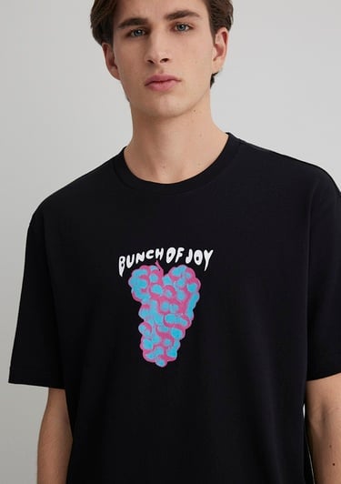  Mavi Punch Of Joy Baskılı Siyah Tişört Loose Fit / Bol Rahat Kesim 0612813-900