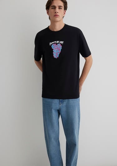  Mavi Punch Of Joy Baskılı Siyah Tişört Loose Fit / Bol Rahat Kesim 0612813-900