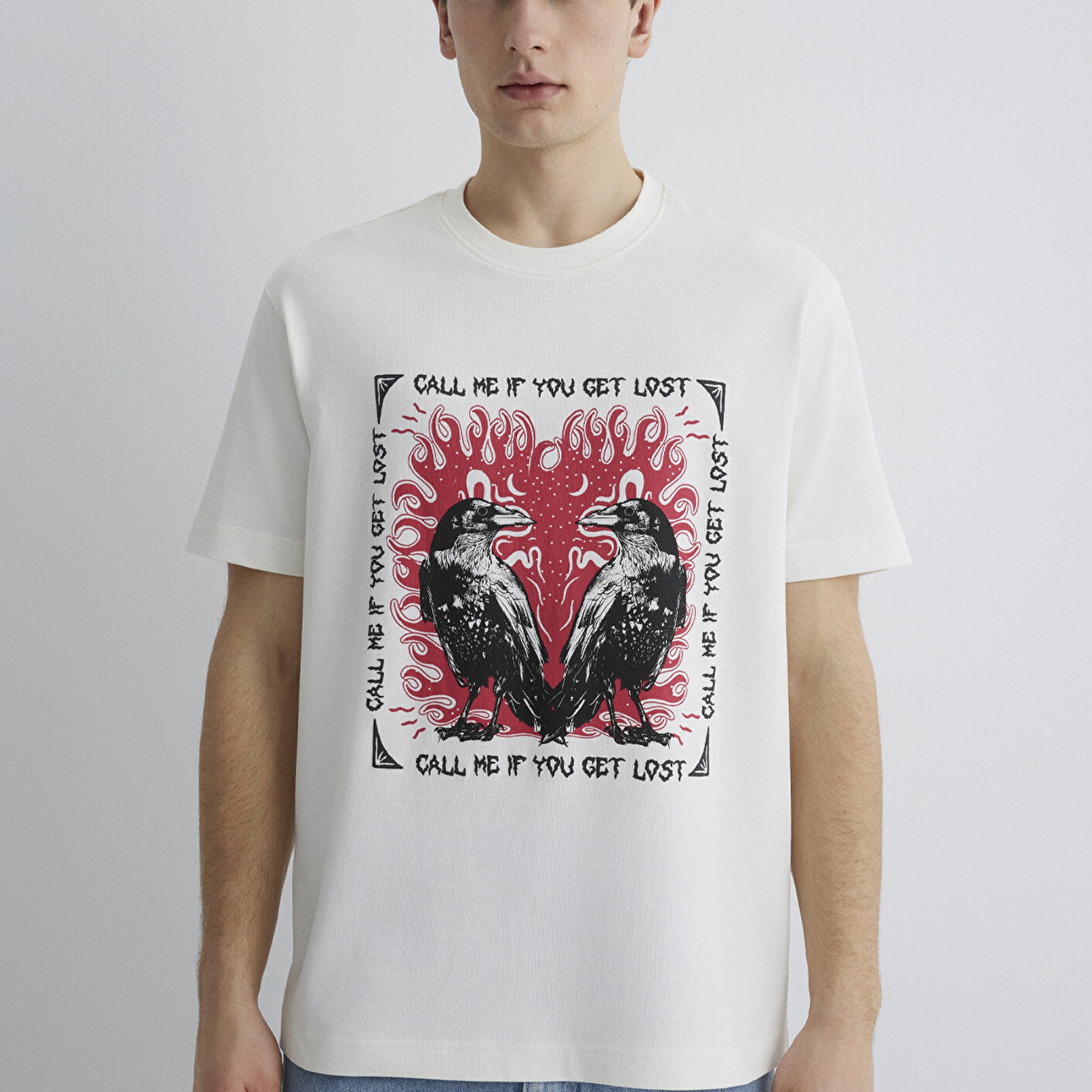 Mavi Baskılı Ekru Tişört Loose Fit / Bol Rahat Kesim 0612808-70057