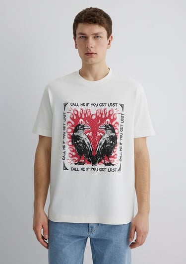  Mavi Baskılı Ekru Tişört Loose Fit / Bol Rahat Kesim 0612808-70057