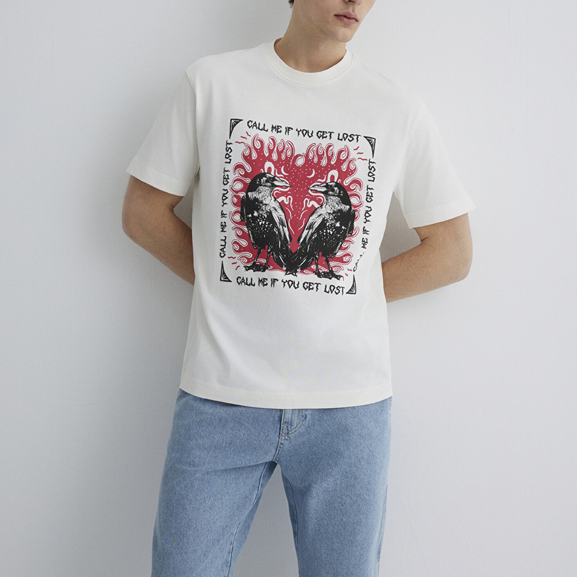 Mavi Baskılı Ekru Tişört Loose Fit / Bol Rahat Kesim 0612808-70057