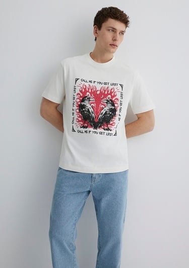  Mavi Baskılı Ekru Tişört Loose Fit / Bol Rahat Kesim 0612808-70057