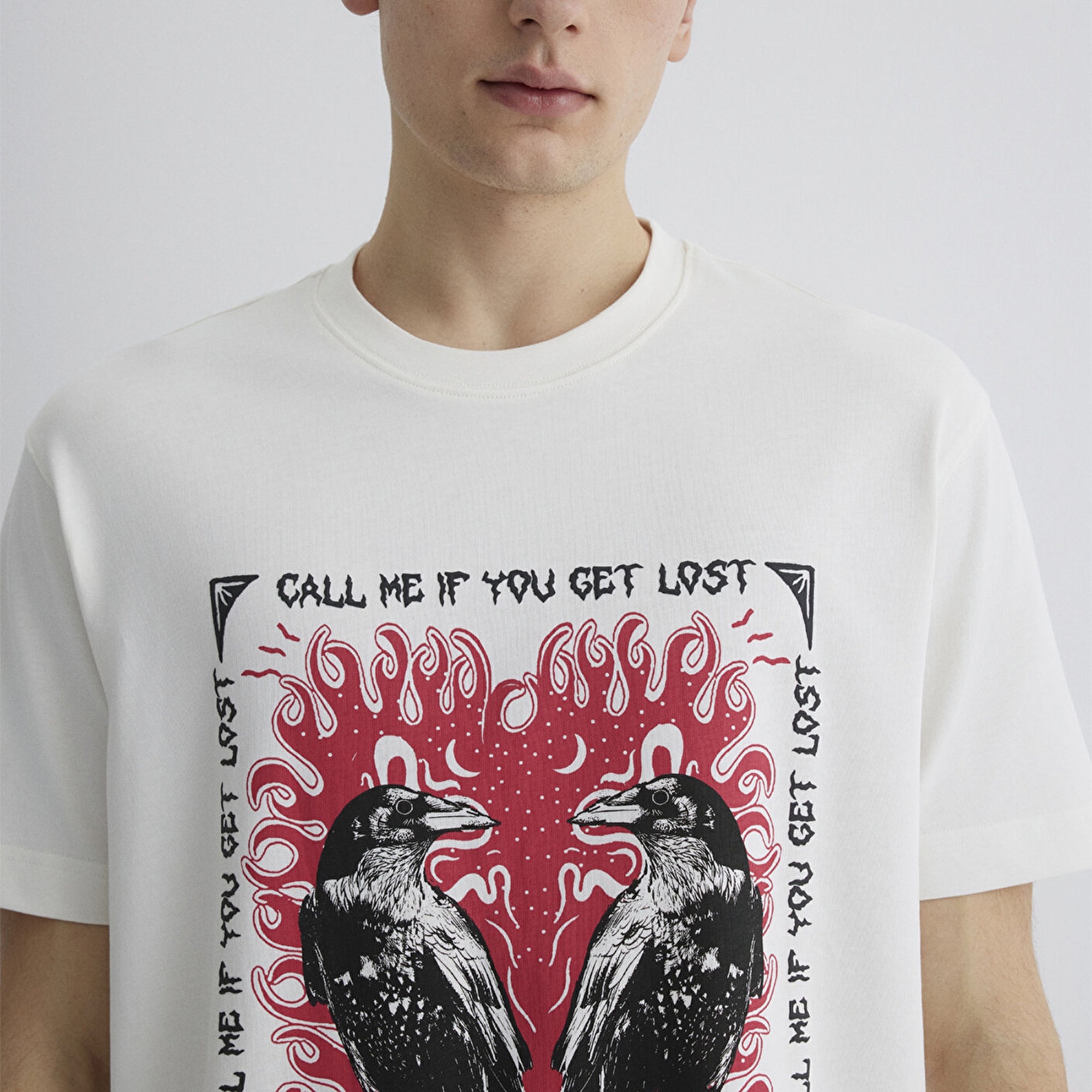 Mavi Baskılı Ekru Tişört Loose Fit / Bol Rahat Kesim 0612808-70057