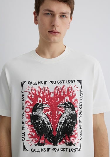  Mavi Baskılı Ekru Tişört Loose Fit / Bol Rahat Kesim 0612808-70057