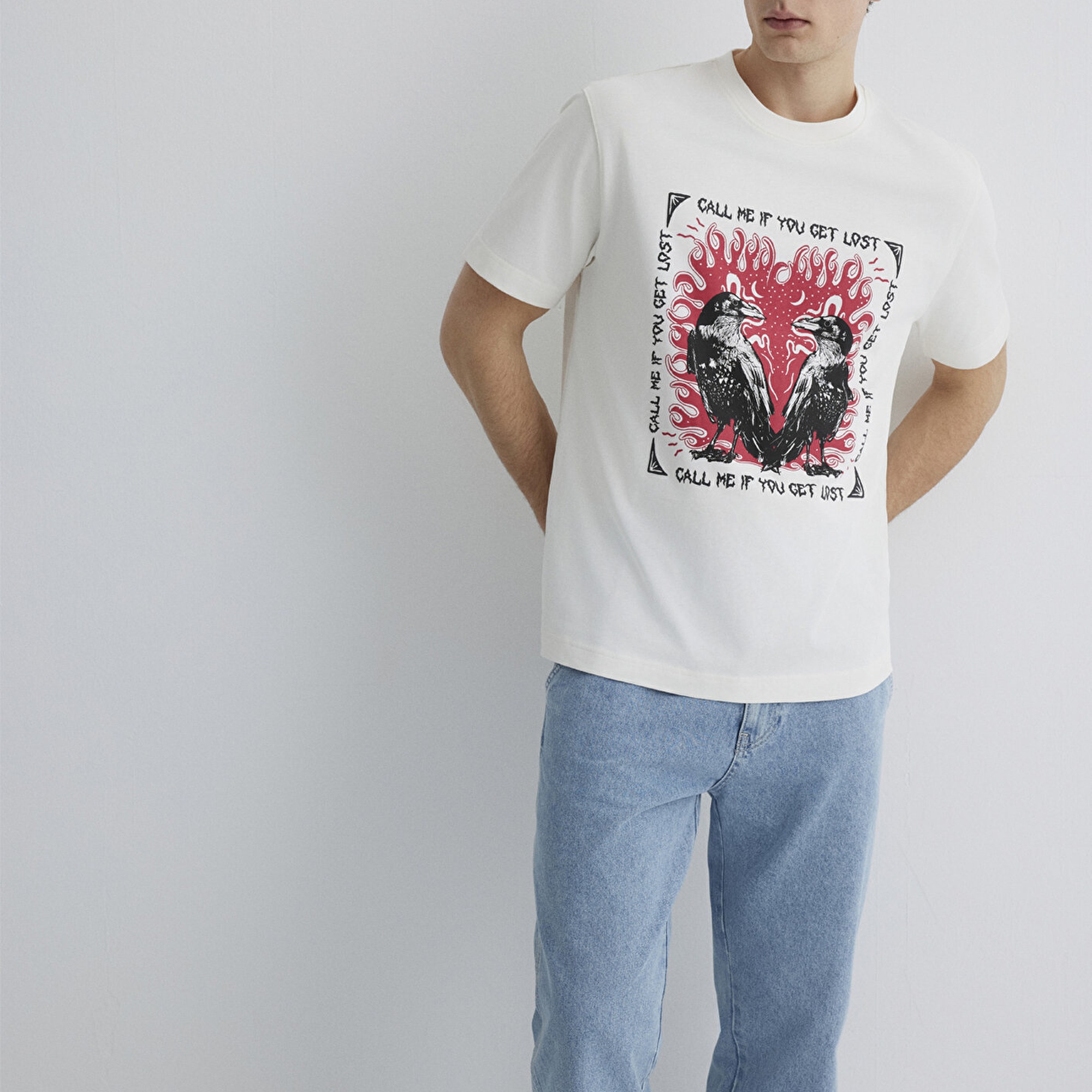 Mavi Baskılı Ekru Tişört Loose Fit / Bol Rahat Kesim 0612808-70057