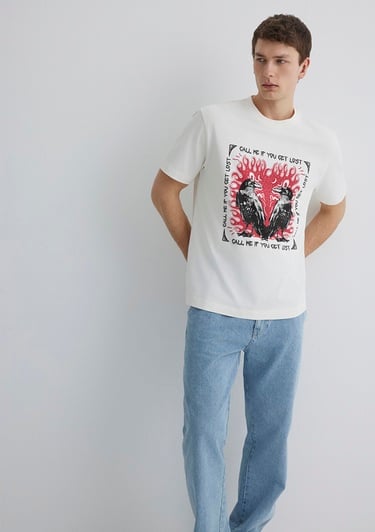  Mavi Baskılı Ekru Tişört Loose Fit / Bol Rahat Kesim 0612808-70057