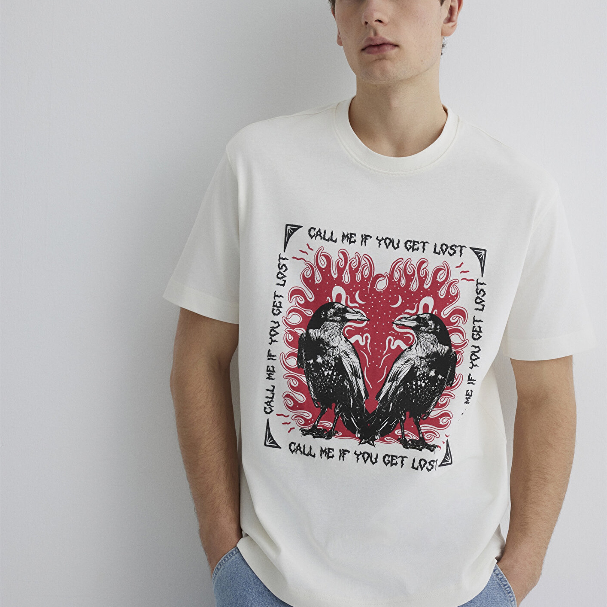 Mavi Baskılı Ekru Tişört Loose Fit / Bol Rahat Kesim 0612808-70057