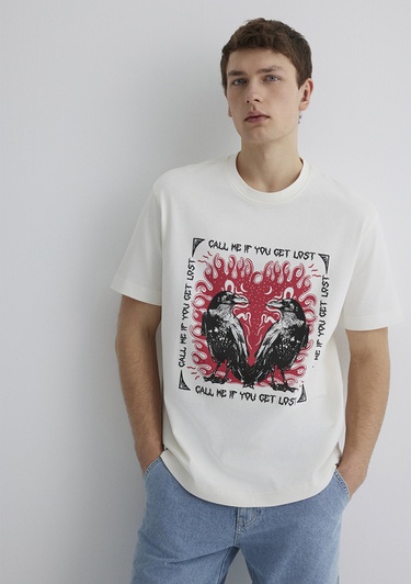  Mavi Baskılı Ekru Tişört Loose Fit / Bol Rahat Kesim 0612808-70057