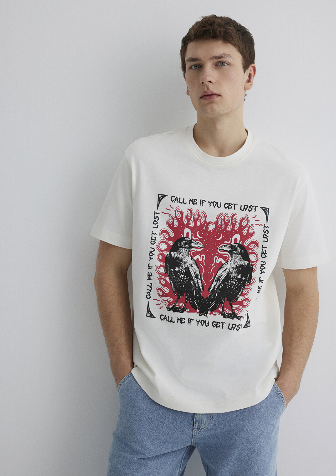  Mavi Baskılı Ekru Tişört Loose Fit / Bol Rahat Kesim 0612808-70057