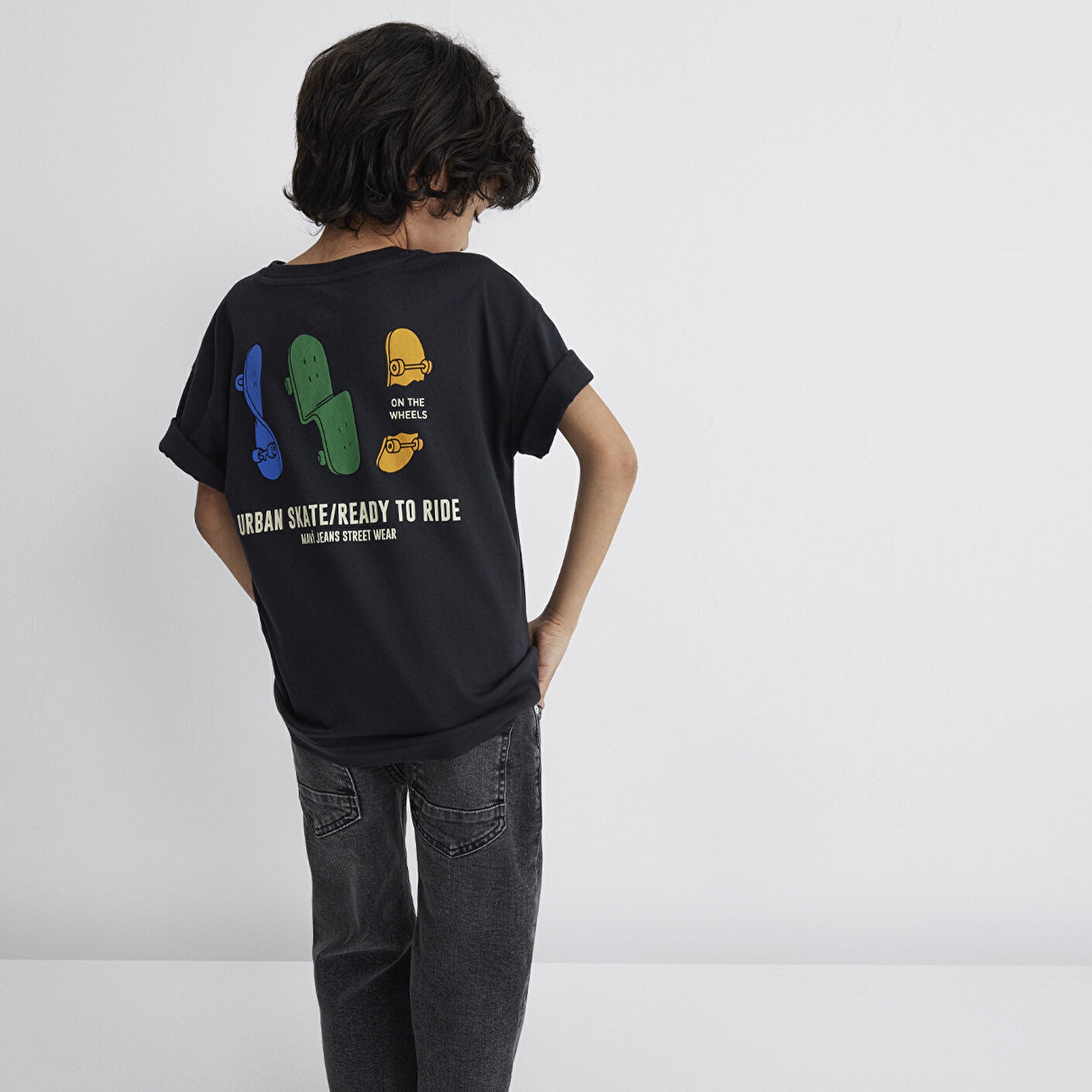 Mavi Baskılı Antrasit Tişört Oversize / Geniş Kesim 6610275-70087