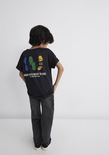  Mavi Baskılı Antrasit Tişört Oversize / Geniş Kesim 6610275-70087