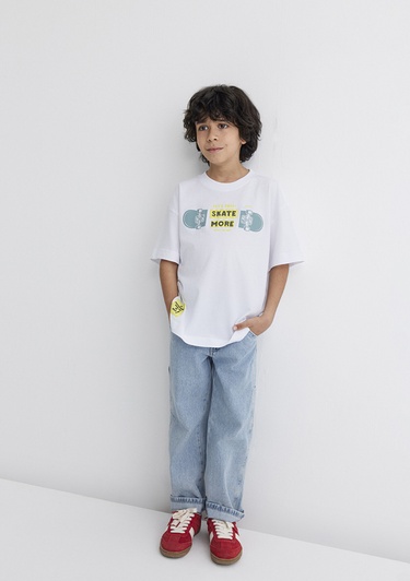  Mavi Lets Roll Baskılı Beyaz Tişört Oversize / Geniş Kesim 6610276-620