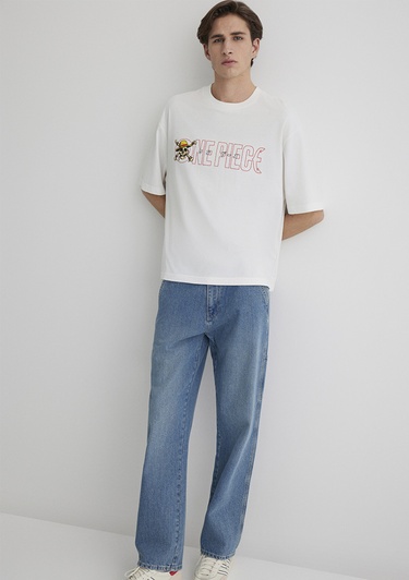  Mavi One Piece Baskılı Ekru Tişört Boxy Fit 0612663-70057