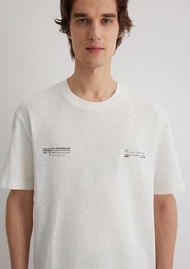  Mavi Baskılı Ekru Tişört Loose Fit / Bol Rahat Kesim 0612623-70057