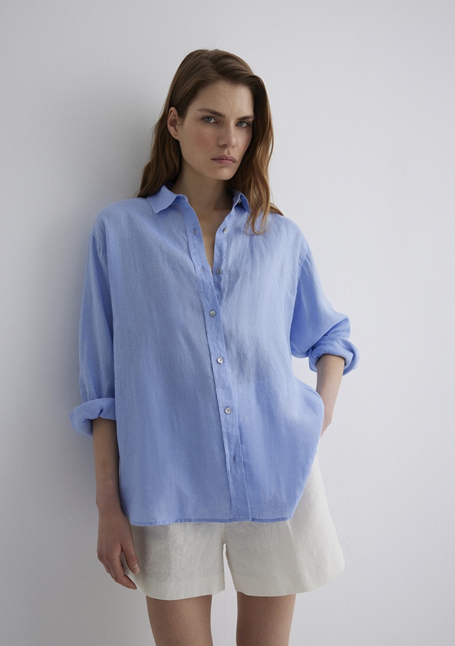  Mavi Mavi Keten Gömlek Loose Fit / Bol Rahat Kesim 1210747-80874