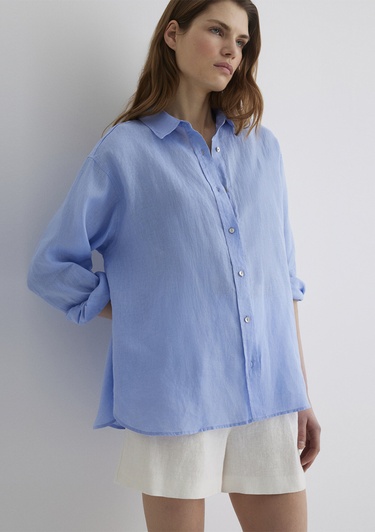  Mavi Mavi Keten Gömlek Loose Fit / Bol Rahat Kesim 1210747-80874