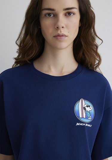  Mavi Snoopy Baskılı Lacivert Tişört Crop / Kısa Kesim 1613360-70491